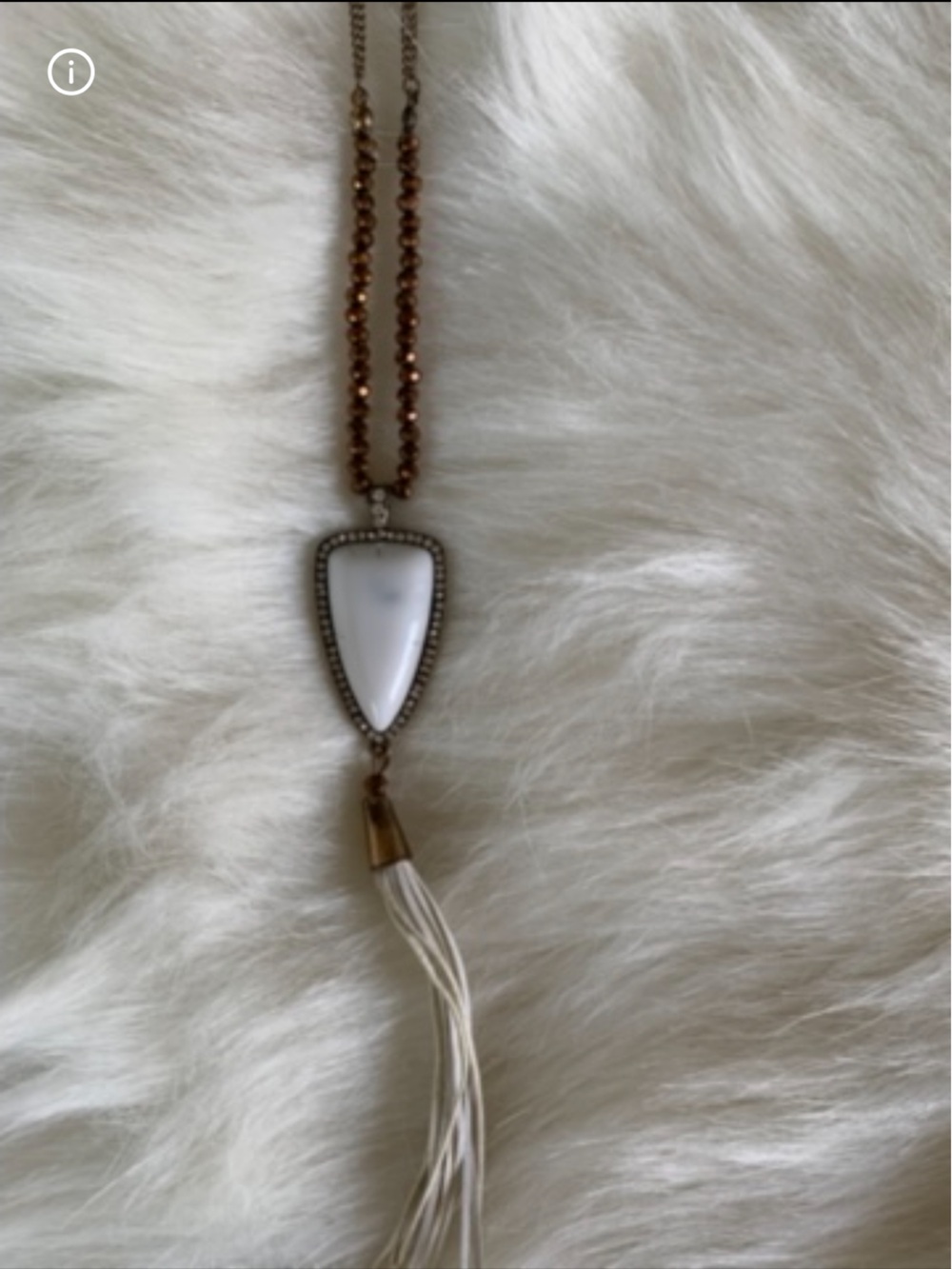 Long Tassel Pendant Necklace with White Stone & Bronze Beads